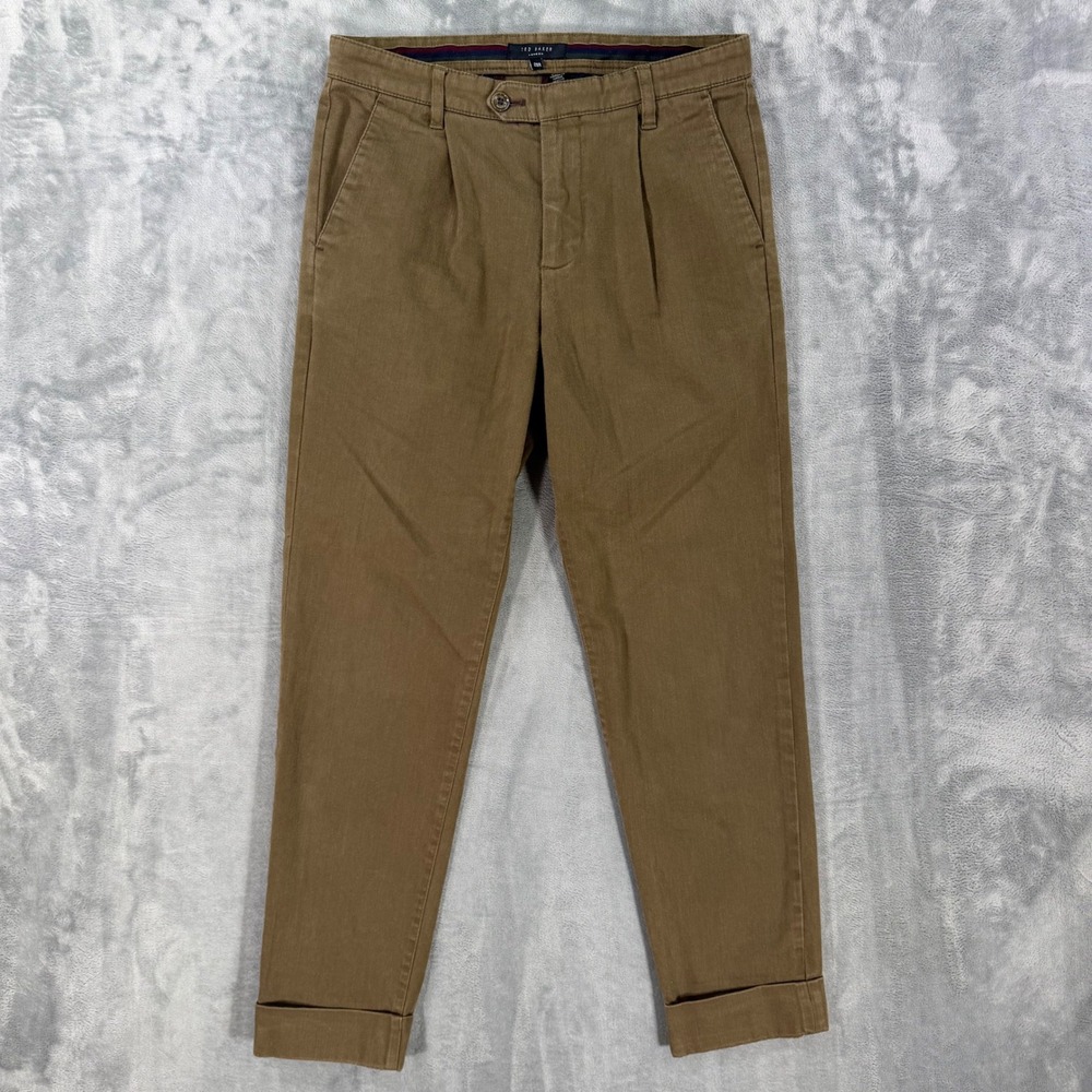 Ted Baker Pleated Pants Men's 28x27 Brown Chino Trousers Cuffed Formal